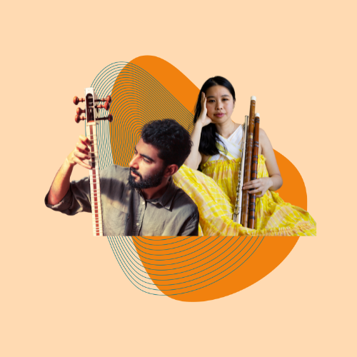 Two musicians on a orange background